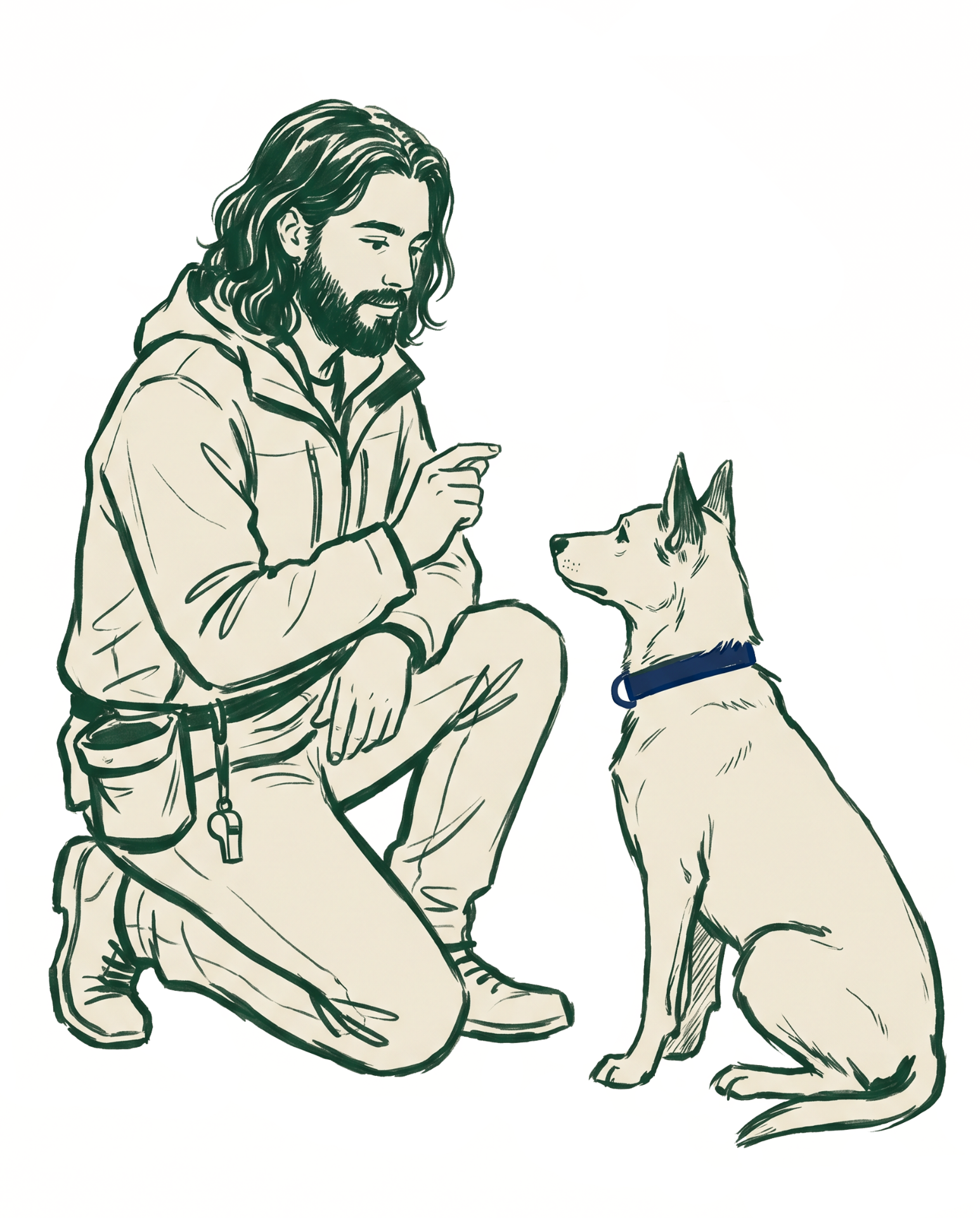 Illustrated portrait of Nalin kneeling and training a calm dog